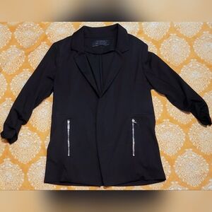 Womens STOOSH Extraordinary Blazer Jacket Sz L Open Frnt Zip Pockets Ruffle Slee